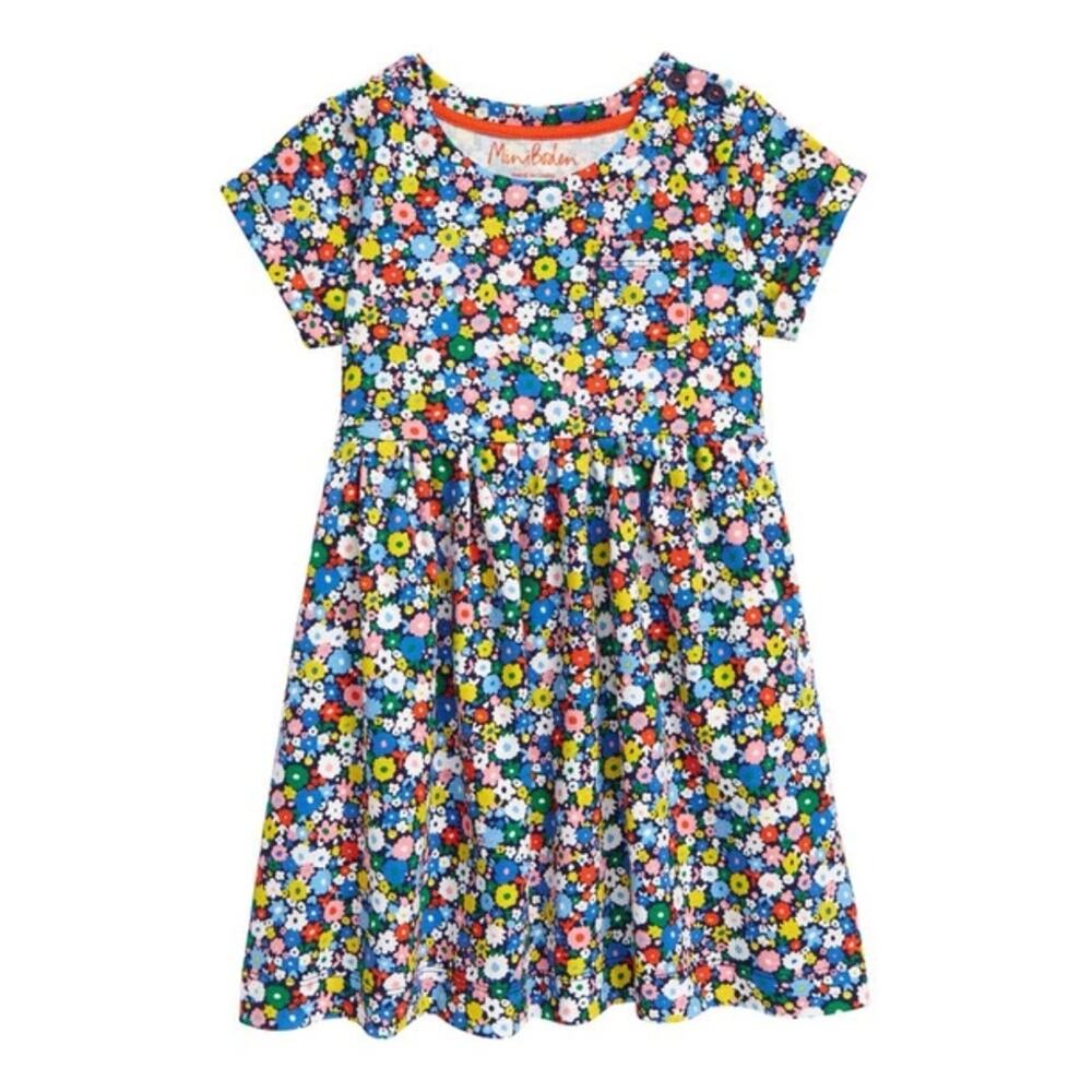 Mini Boden Fun Jersey Cotton Floral Dress Elizabethan Blue Flower Patch 6-7Y